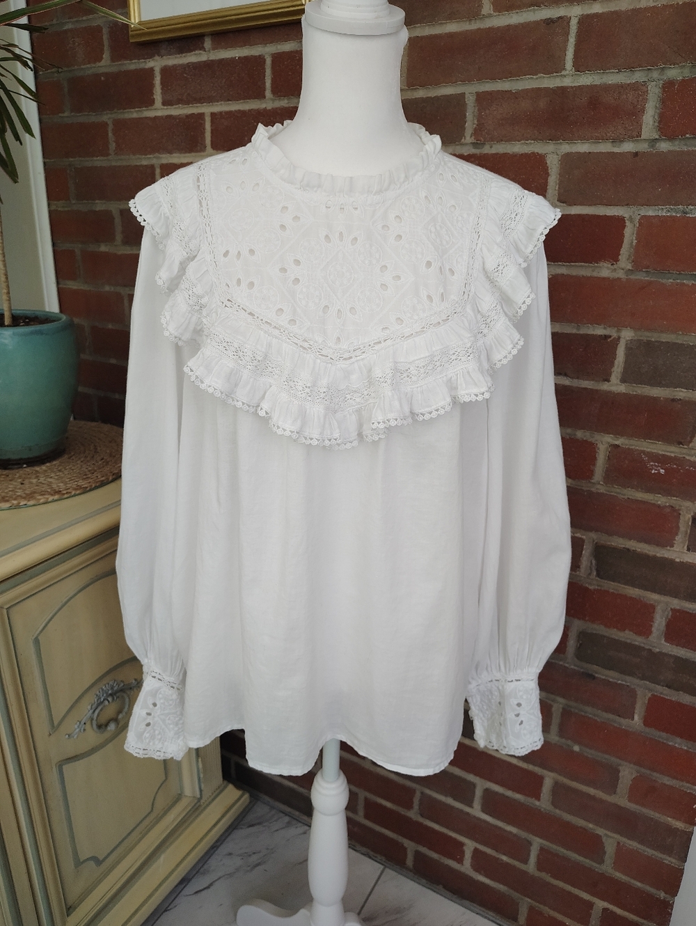 a.n.a White Eyelet Ruffle Yoke Long Sleeve Blouse